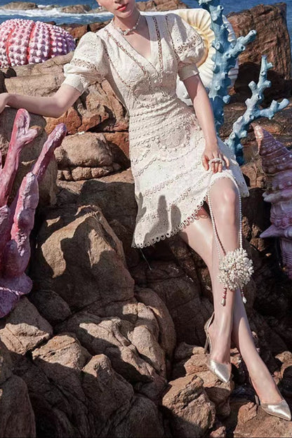 Embroidery V-NECK MINI DRESS IN BEIGE