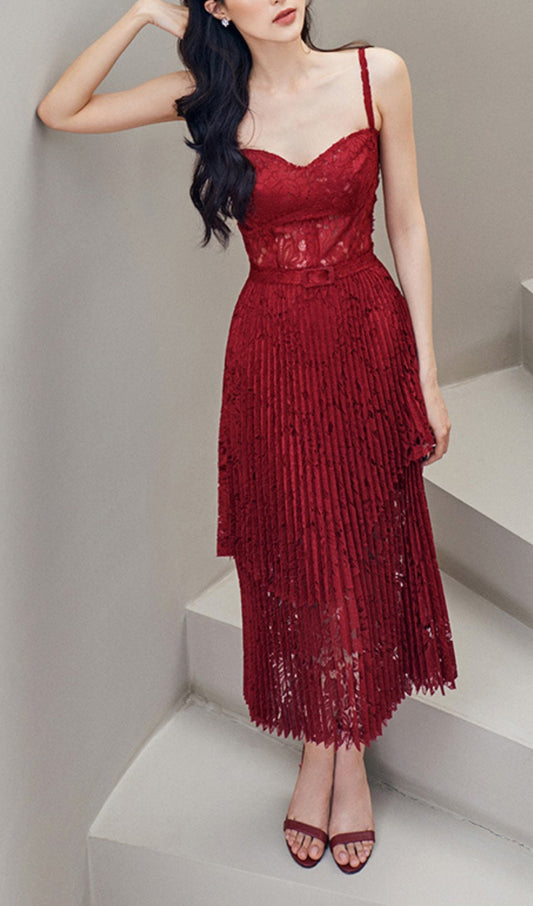 HOLLOW LACE SUSPENDER MIDI DRESS IN RED