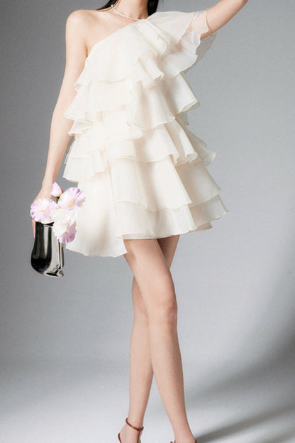CAP-SLEEVE ONE-SHOULDER PLAIN TIERED MINI DRESS