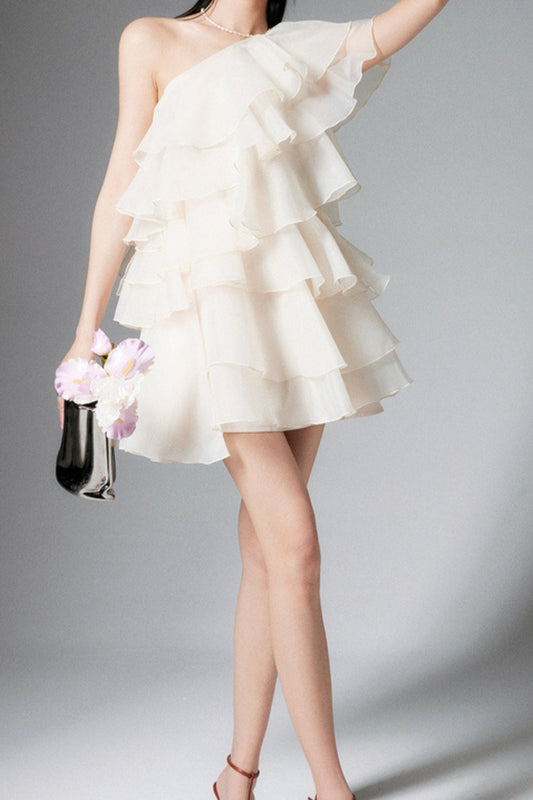 CAP-SLEEVE ONE-SHOULDER PLAIN TIERED MINI DRESS