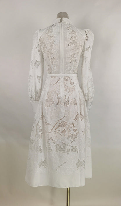 WHITE LACE EMBROIDERED FULL HEM MIDI DRESS