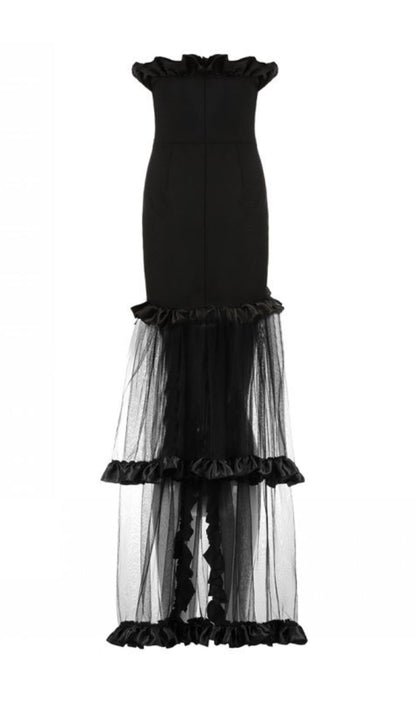 BLACK STRAPLESS TAIL MAXI DRESS