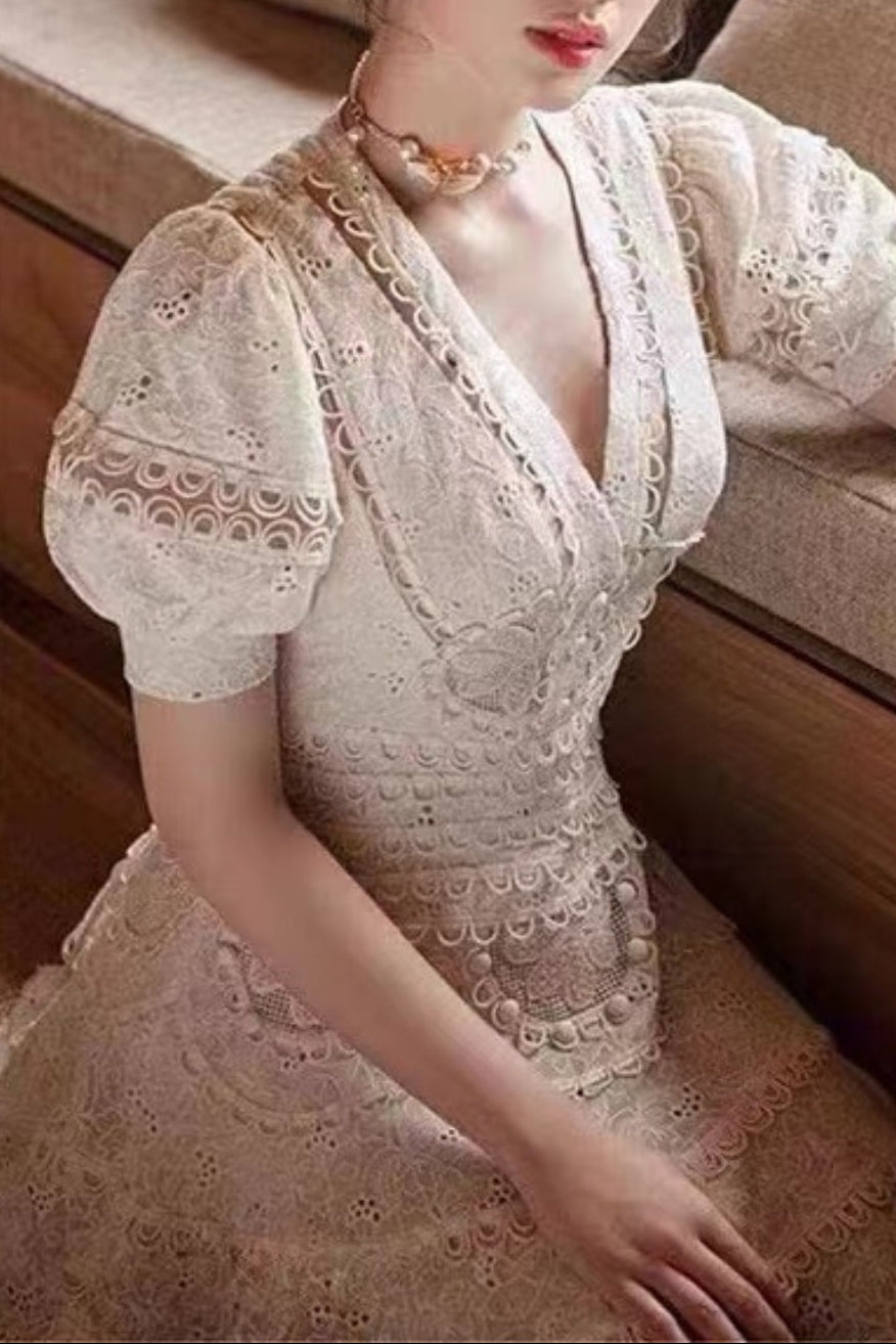 Embroidery V-NECK MINI DRESS IN BEIGE