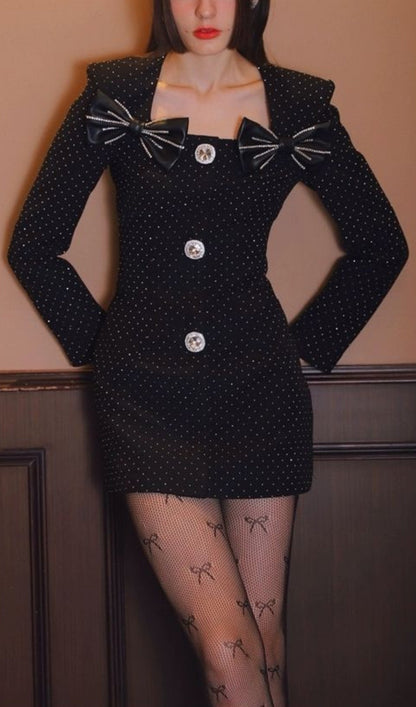 BLACK LONG SLEEVE BOW MINI DRESS