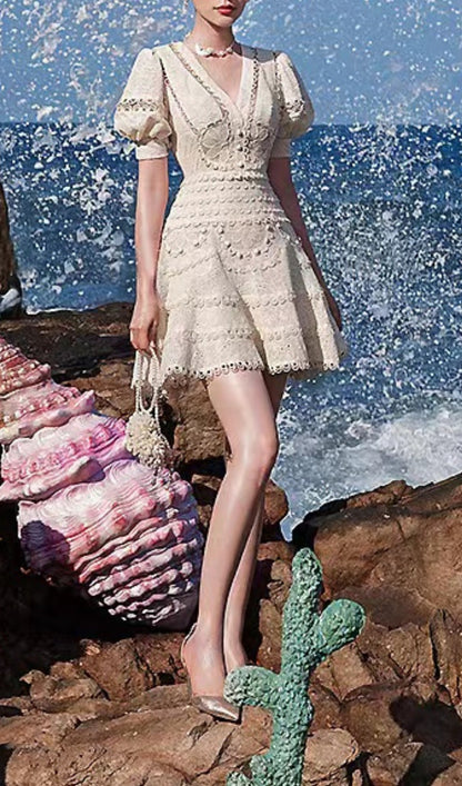 Embroidery V-NECK MINI DRESS IN BEIGE