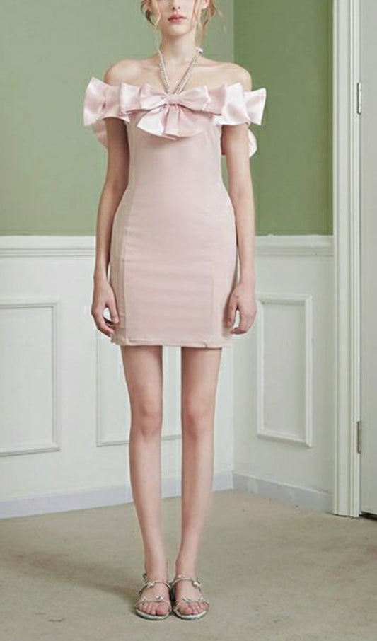 Halter Neck Bow Mini Dress in Pink