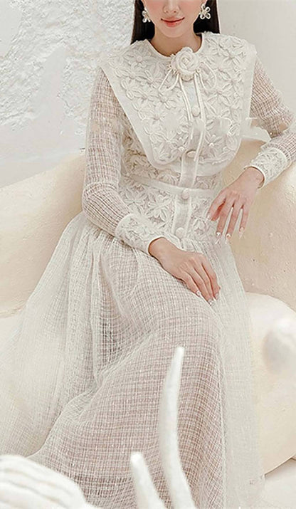 EMBROIDERY LACE LONG SLEEVE MIDI DRESS IN WHITE DRESS sis label 