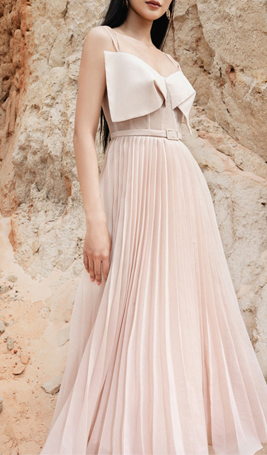 PLATED CHEST BOW MIDI DRESS IN BEIGE