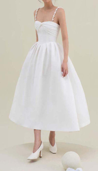 TWISTED PEARL STRAP MIDI DRESS IN WHITE