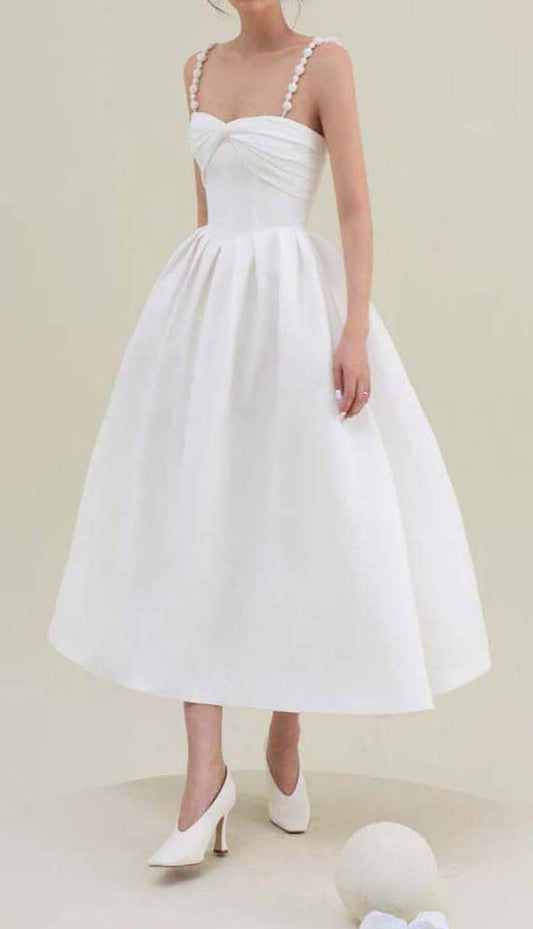 TWISTED PEARL STRAP MIDI DRESS IN WHITE